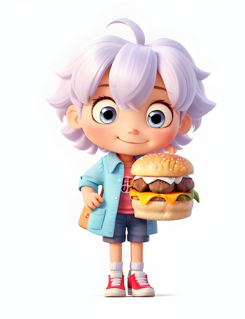 Милый и невинный ребенок с большими ланиными глазами ест бургер 3d мультипликационный персонаж