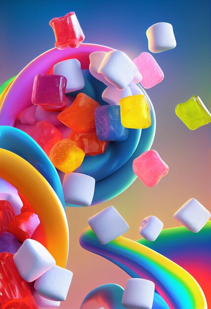 Sweet jelly candies lollypops and marshmello Dessert party concept 2D Illustration