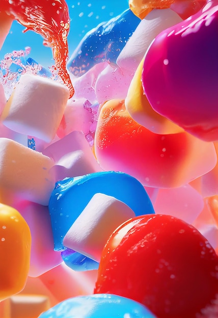 달콤한 젤리 사탕 막대 사탕과 마시멜로 디저트 파티 개념 2D 그림