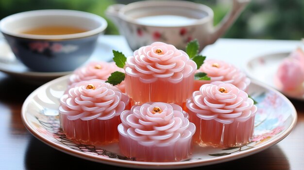 sweet jelly in rose shape Thai traditional dessert made from sugar gelatin and coconut milk