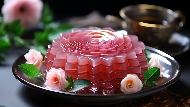 バラの形の甘いゼリー 砂糖ゼラチンとココナッツミルクで作られたタイの伝統的なデザート