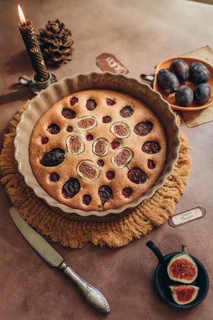 sweet juicy homemade cake on an autumn background in a home interior