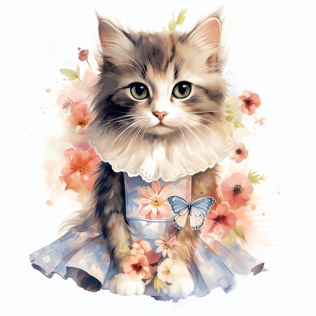 Sweet Kitty in a Floral Sundress Perfect for Summer watercolor style illustration for