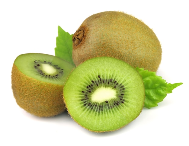 Sweet kiwi with leaf on the white