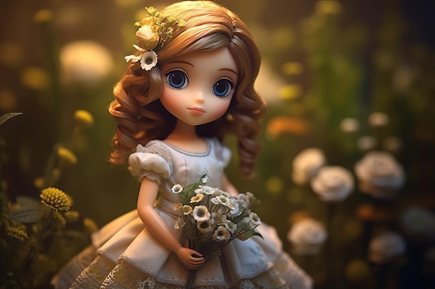 Sweet lady doll in flower garden