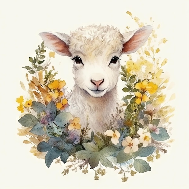 Sweet Lamb omringd door bloemen en bladeren in een gedetailleerde aquarel illustratie