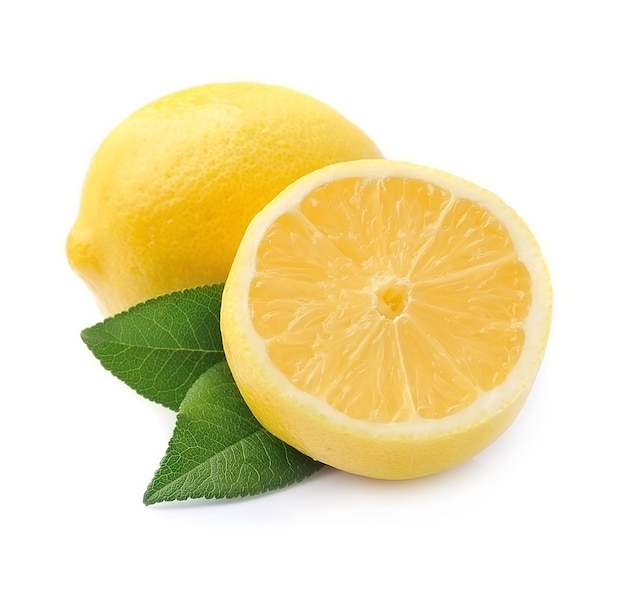 Сладкие фрукты лимона с изолированными листьями.