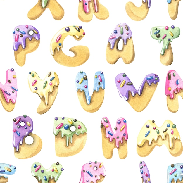 Sweet letters of cookies in colored glaze with confectionery sprinkles Watercolor illustration Seamless pattern on a white background from a large set of ICE CREAM For textiles wallpaper fabric