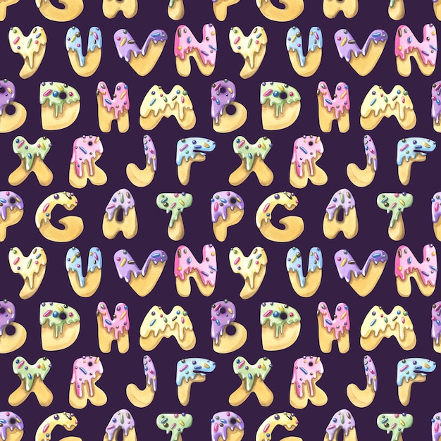 Sweet letters of cookies in icing with confectionery sprinkles on a dark background Watercolor illustration Seamless pattern from a large set of ICE CREAM For fabric textiles packaging paper