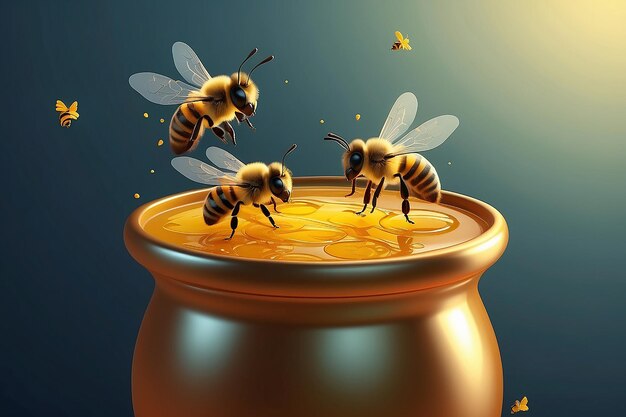 Sweet little bees flying around a pot of honey 3D illustration Vector