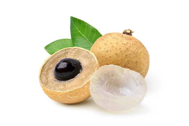 Photo sweet longan with leaf isolated on white background.