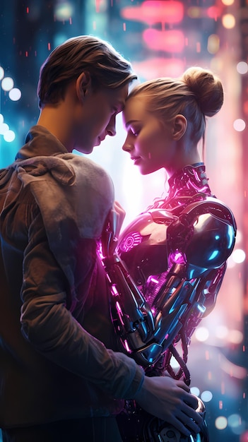 Photo sweet love between humans and robots in the future