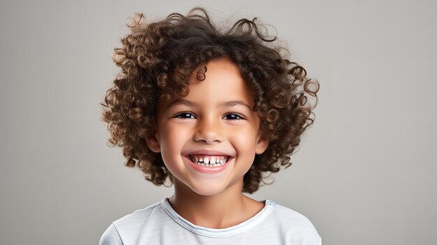 A sweet lovely young boy in closeup smiling on a white backdrop with perfect teeth Generative AI