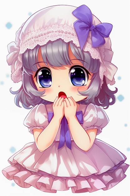 Sweet and Lovely young girl with violet Hair and Bow Cute Smile Happy Anime style AI generated