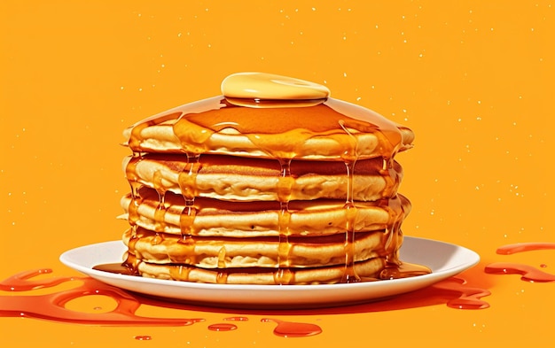 Photo sweet maple syrup flows from a stack of pancakes over orange background