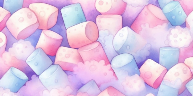 Sweet Marshmallow Candy Horizontal Watercolor Illustration