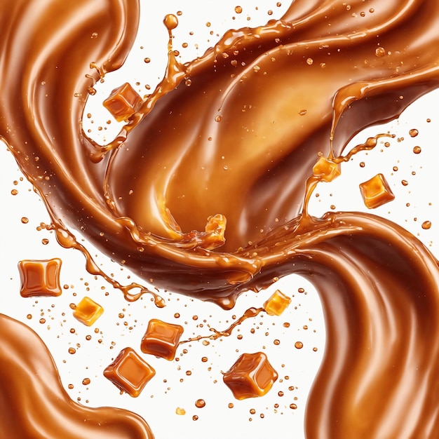 Photo sweet melted caramel liquid caramel sauce splash with toffee candies