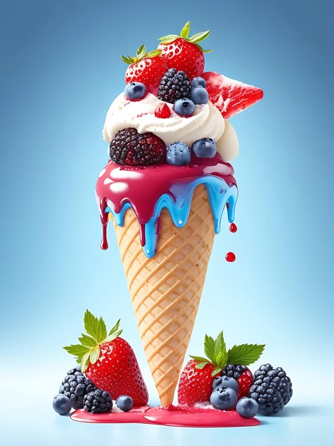 Photo sweet melting ice cream with cherries gummy bears and strawberry ai image