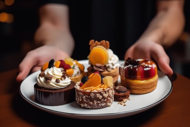 Sweet menu restaurant serving plate with desserts in female hands generative ai