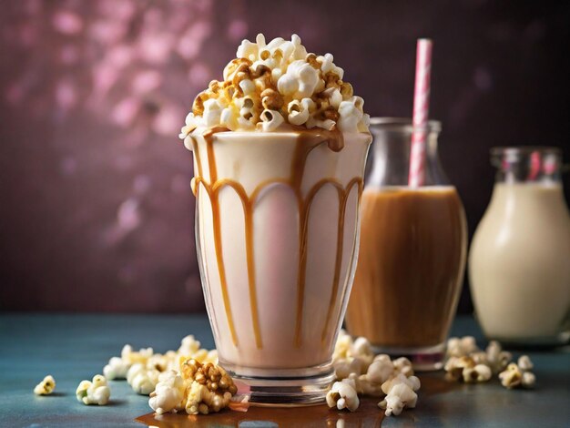 Photo sweet milkshake with caramel syrupcream liqueurcaramel popcorn