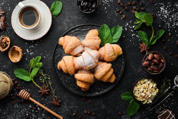 Sweet mini croissants with jam Baking Top view free copy space