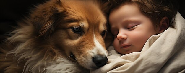 Photo sweet moment of a dog meeting new baby background