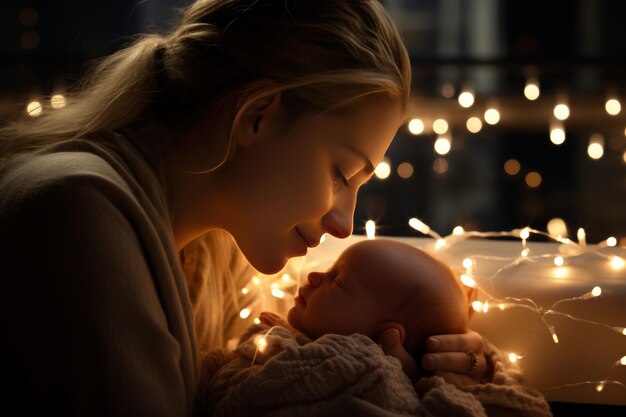 Sweet moment young mother with blonde hair holding newborn baby against soft background