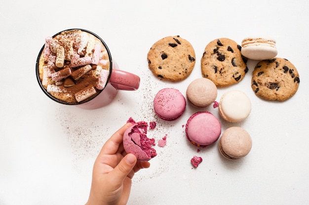 Sweet morning with hot cocoa and cookies.