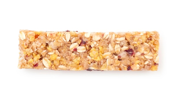 Sweet muesli bar with honey berry and nuts isolated on white top view