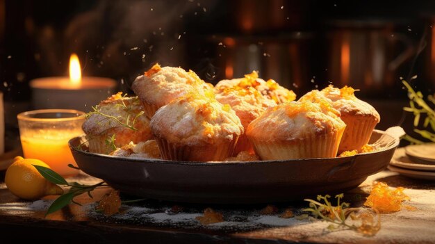 Sweet muffins topped with chocolate chips with cinematic light and blurred background