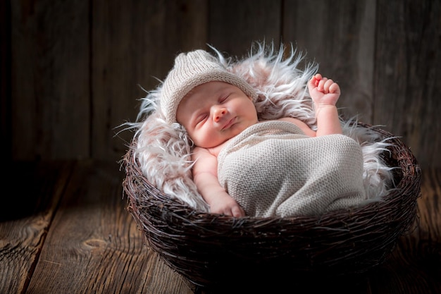 Sweet newborn baby sleeping in the basket