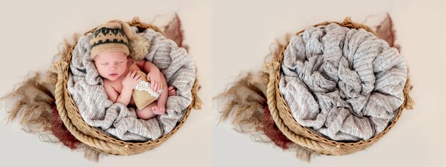 Sweet newborn with toy resting in a white round cradle Collage mix with infant and studio furniture for kid photoshoot