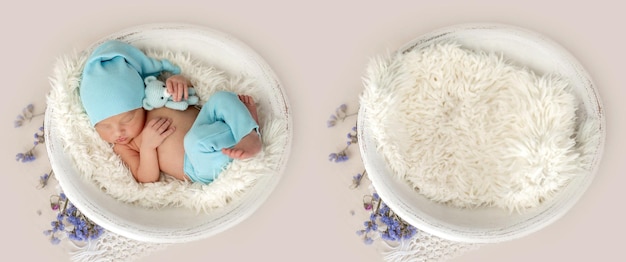 Photo sweet newborn with toy resting in a white round cradle collage mix with infant and studio furniture for kid photoshoot