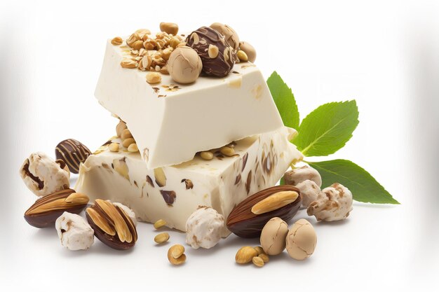 Sweet nougat and hazelnuts on a white background