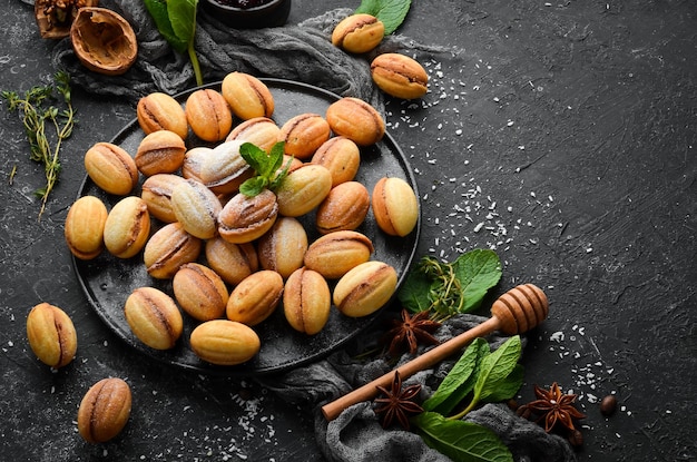 Sweet nut cookies with caramel Baking Top view free copy space