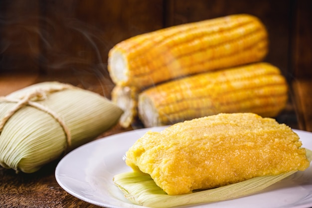 Sweet pamonha, Brazilian corn cream made in the countryside, rural food from Brazil