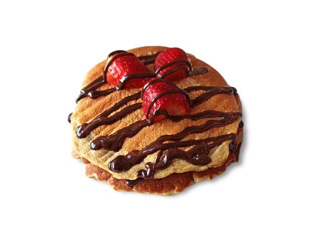 Foto pancake dolce, fragola, salsa al cioccolato, sfondo bianco