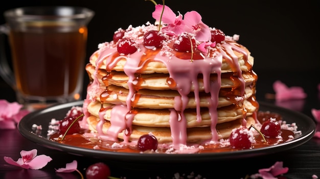 Sweet pancakes in pink plate on pink