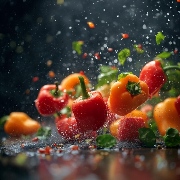 Sweet paprikas flying around on black background with water drops