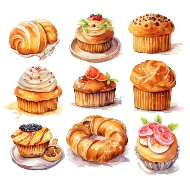 sweet pastel bakery watercolour illustration on white background