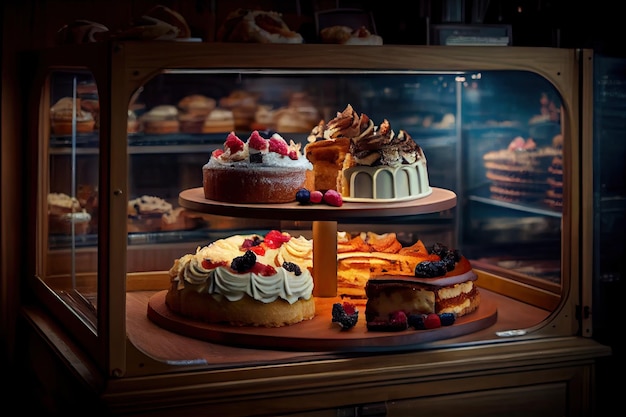 Sweet pastries and cakes in pastry shop counter