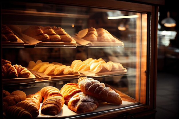 Sweet pastries cheese croissants in pastry shop