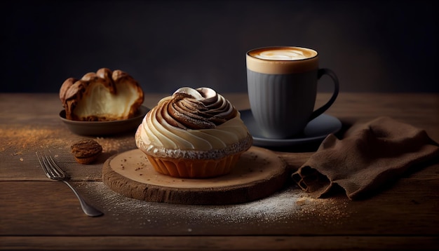 Sweet pastries with coffee cup on dark background Al generated