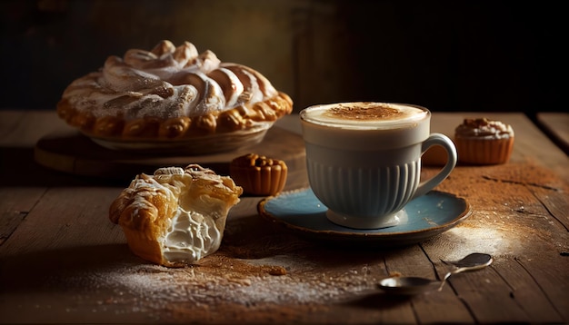 Sweet pastries with coffee cup on dark background Al generated