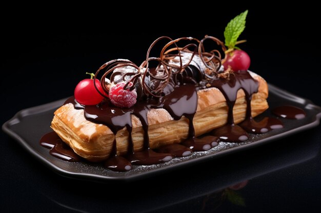 Sweet pastry decorated with chocolate placed on dark plate