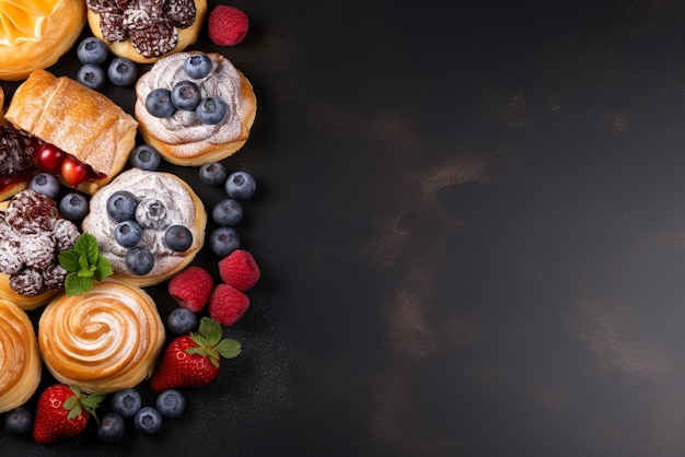 Foto pasticceria dolce su sfondo grigio con spazio di copia top view generative ai