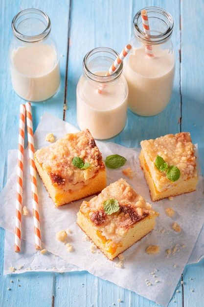 Sweet peach cake ready to eat Best tastes with milk