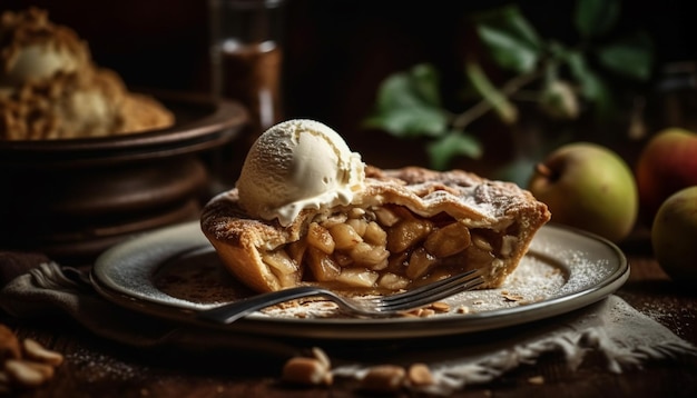 Sweet pie on rustic wood plate ready to eat generated by AI