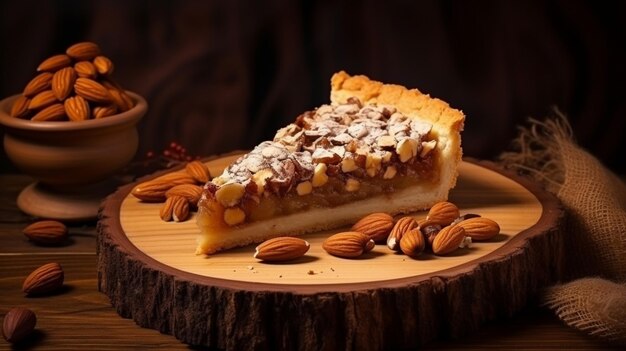 Sweet pie slice with almond hazelnut and pecan decoration