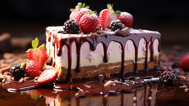 Sweet pie slice with chocolate cream and fresh strawberries